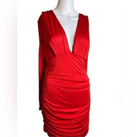 Plunging V Neck Ruched Cocktail Dress Red Size Large - Picture 3 of 5